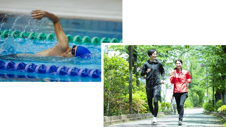 水泳をする男性とジョギングをする男女