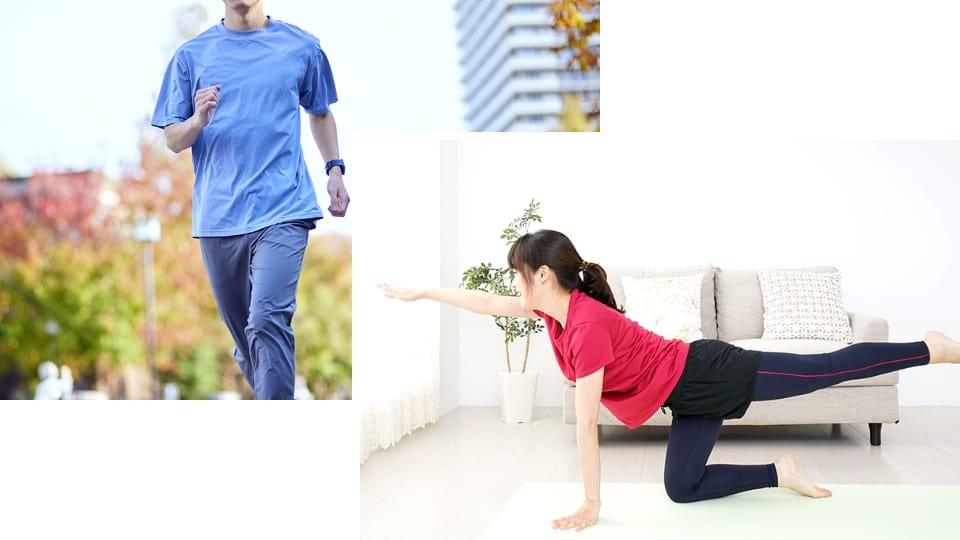屋外でジョギングをする男性と、室内で体幹トレーニングをする女性