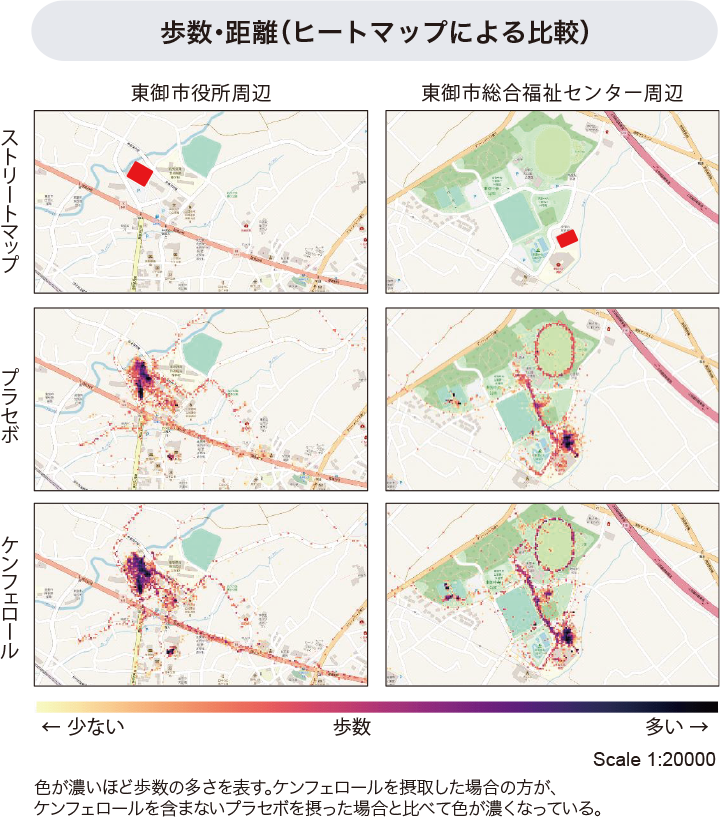 ヒートマップによる歩数・距離を表す図